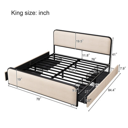 Modern Metal Bed Frame with Upholstered Curved Headboard and