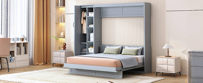 Queen Size Murphy Bed Wall Bed with Shelves, Wardrobe and LED Lights