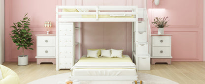 Twin Over Full Bunk Bed with 3-layer Shelves, Drawers and Storage