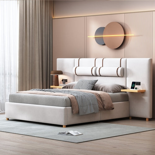 Upholstered Platform Bed with Outlets, USB Ports, Pillows and Storage