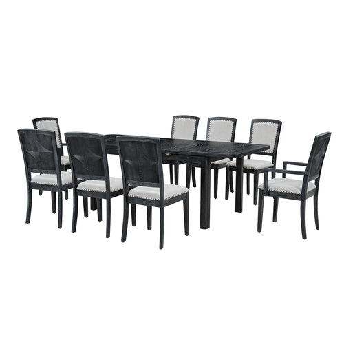 Rustic Extendable Dining Table Set with Removable Leaf, 6 Upholstered