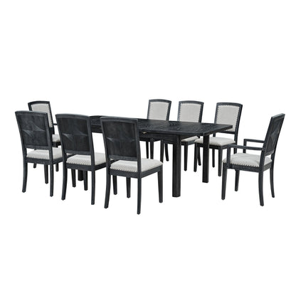 Rustic Extendable Dining Table Set with Removable Leaf, 6 Upholstered