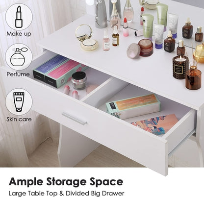 White Vanity Table With Lighted Mirror And Large Drawer