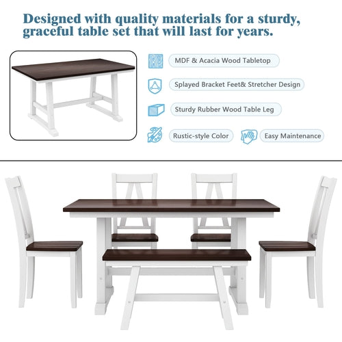 6-Piece Wood Dining Table Set with Long Bench and 4 Dining Chairs,