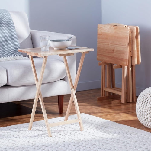 TV Dinner Tray Table Set of 4 With Storage Rack Natural