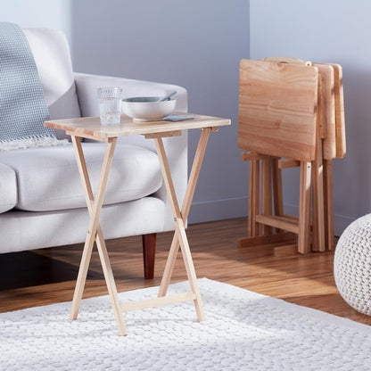 TV Dinner Tray Table Set of 4 With Storage Rack Natural