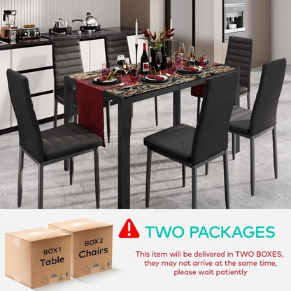 Glass Dining Table Set For 6 With PU Leather Chairs 7 Piece