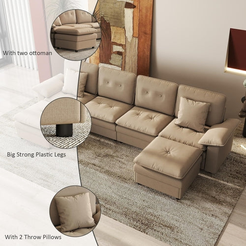 PPL 6 - Seater Modular Sectional Sofa with Movable Ottoman, Comfy Deep