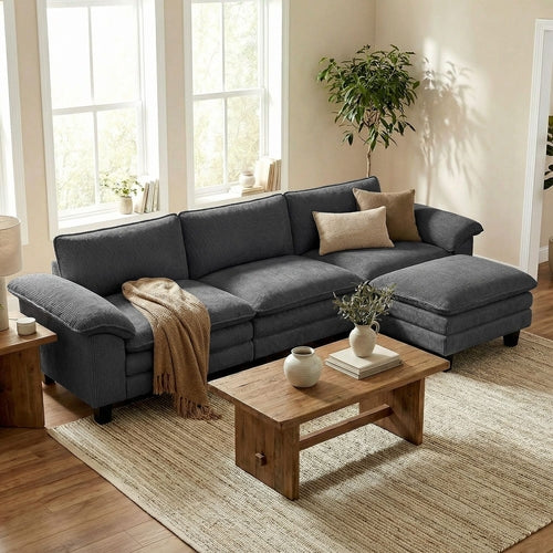 Sectional Sofa, L Shaped Couch with Deep Seat, Movable Ottoman and