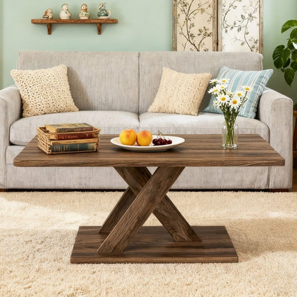 37.5 Inch Rectangular Coffee Table with Stable Base and Rubber Wood