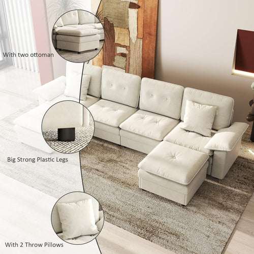 PPL 6 - Seater Modular Sectional Sofa with Movable Ottoman, Comfy Deep