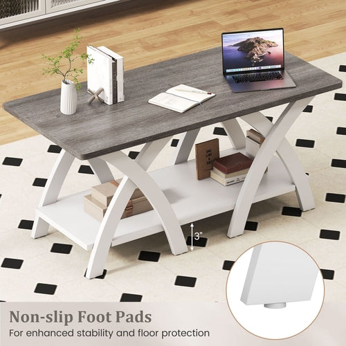 40 Inch Farmhouse Wooden Coffee Table with Storage Shelf with X-shaped