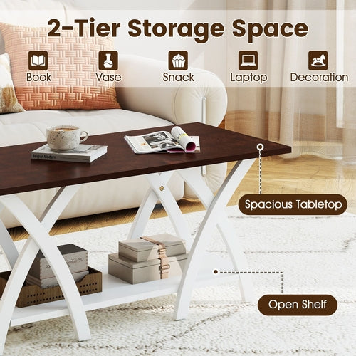 40 Inch Farmhouse Wooden 2-Tier Coffee Table with Storage Shelf for
