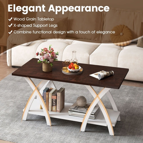 40 Inch Farmhouse Wooden 2-Tier Coffee Table with Storage Shelf for