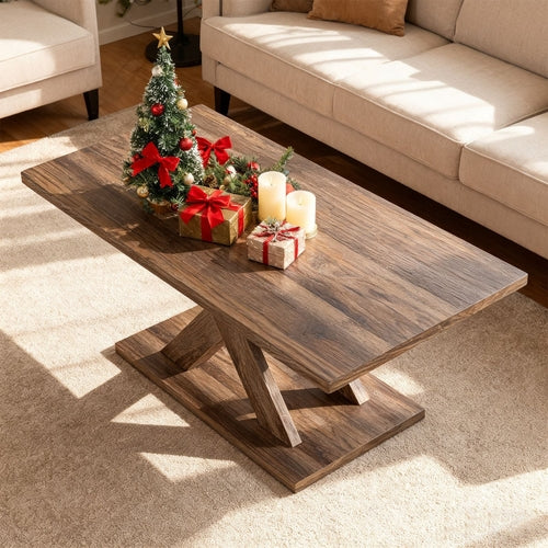 37.5 Inch Rectangular Coffee Table with Stable Base and Rubber Wood