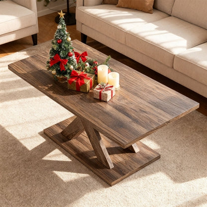 37.5 Inch Rectangular Coffee Table with Stable Base and Rubber Wood