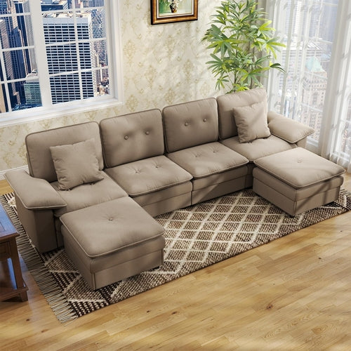 PPL 6 - Seater Modular Sectional Sofa with Movable Ottoman, Comfy Deep