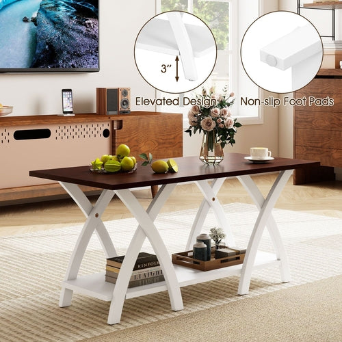 40 Inch Farmhouse Wooden 2-Tier Coffee Table with Storage Shelf for