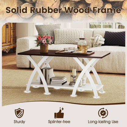 40 Inch Farmhouse Wooden 2-Tier Coffee Table with Storage Shelf for