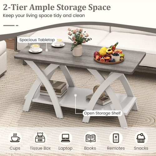 40 Inch Farmhouse Wooden Coffee Table with Storage Shelf with X-shaped