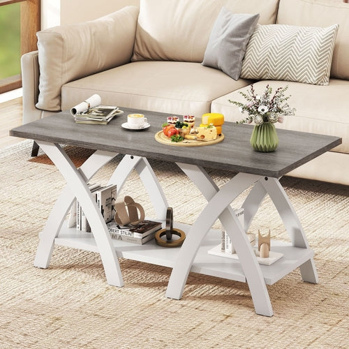 40 Inch Farmhouse Wooden Coffee Table with Storage Shelf with X-shaped