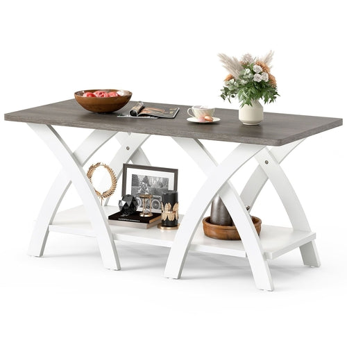 40 Inch Farmhouse Wooden Coffee Table with Storage Shelf with X-shaped