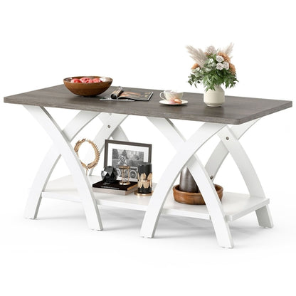 40 Inch Farmhouse Wooden Coffee Table with Storage Shelf with X-shaped