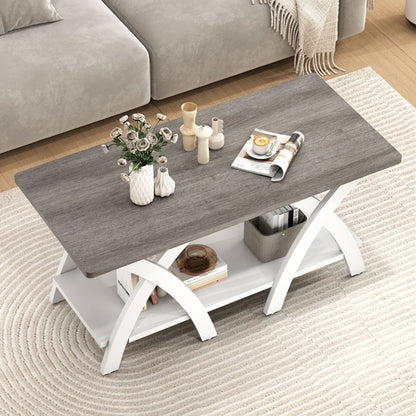 40 Inch Farmhouse Wooden Coffee Table with Storage Shelf with X-shaped