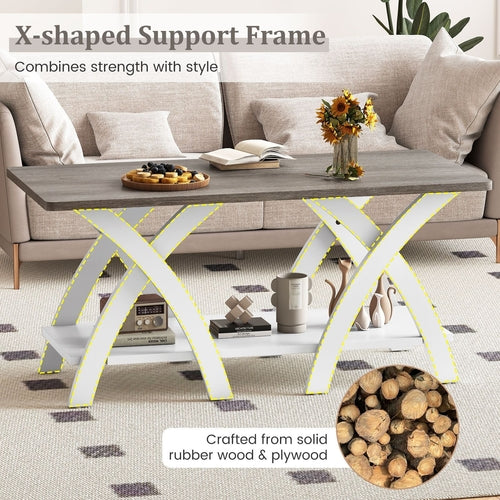 40 Inch Farmhouse Wooden Coffee Table with Storage Shelf with X-shaped