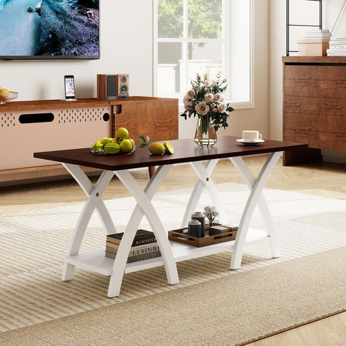 40 Inch Farmhouse Wooden 2-Tier Coffee Table with Storage Shelf for