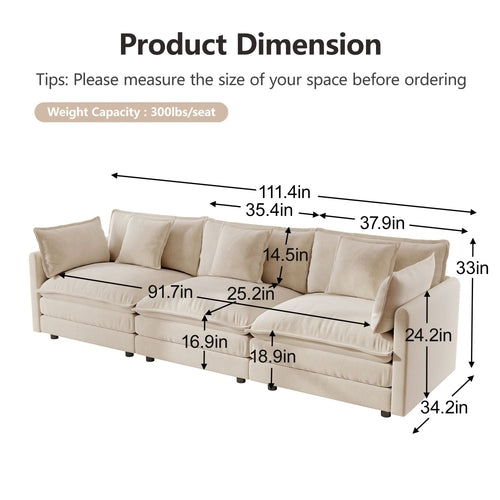 Modern Sofa Couch, 3 Piece Set Extra Deep Seat Sectional Sofa for