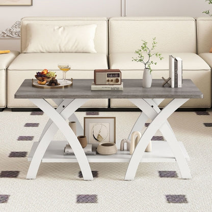40 Inch Farmhouse Wooden Coffee Table with Storage Shelf with X-shaped