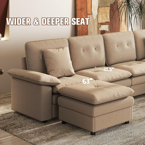 PPL 6 - Seater Modular Sectional Sofa with Movable Ottoman, Comfy Deep