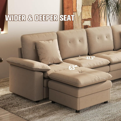 PPL 6 - Seater Modular Sectional Sofa with Movable Ottoman, Comfy Deep