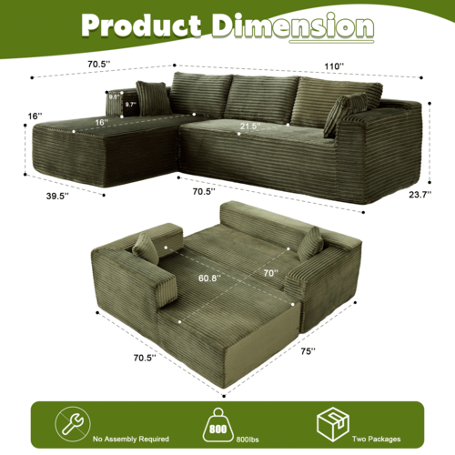 Compression Sectional Couch with Comfy Chaise, Boneless L Shape Sofa