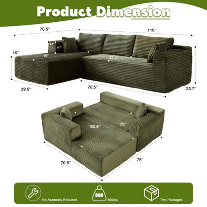 Compression Sectional Couch with Comfy Chaise, Boneless L Shape Sofa