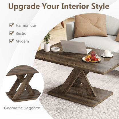37.5 Inch Rectangular Coffee Table with Stable Base and Rubber Wood