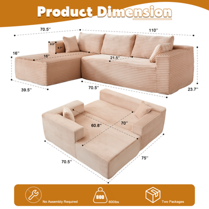 Compression Sectional Couch with Comfy Chaise, Boneless L Shape Sofa