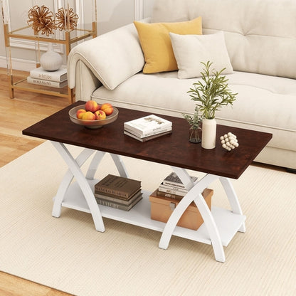40 Inch Farmhouse Wooden 2-Tier Coffee Table with Storage Shelf for
