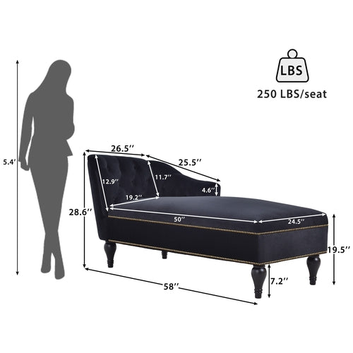 58" Velvet Chaise Lounge; Button Tufted Right Arm Facing Lounge Chair