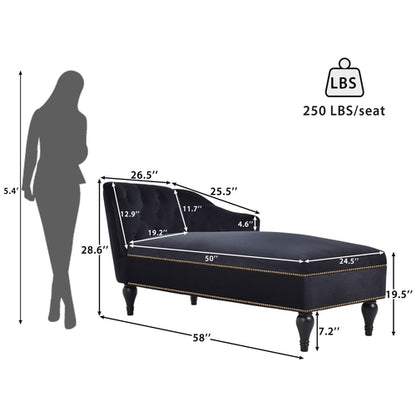 58" Velvet Chaise Lounge; Button Tufted Right Arm Facing Lounge Chair