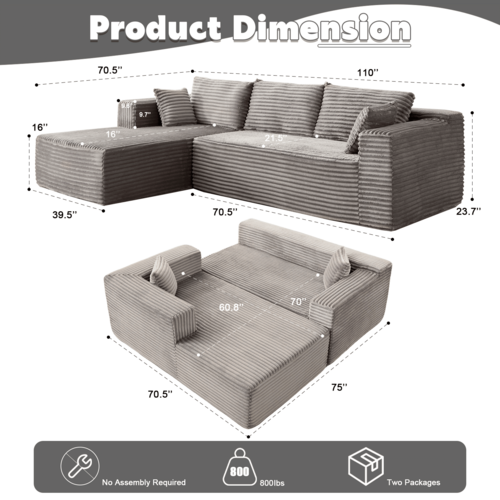 Compression Sectional Couch with Comfy Chaise, Boneless L Shape Sofa