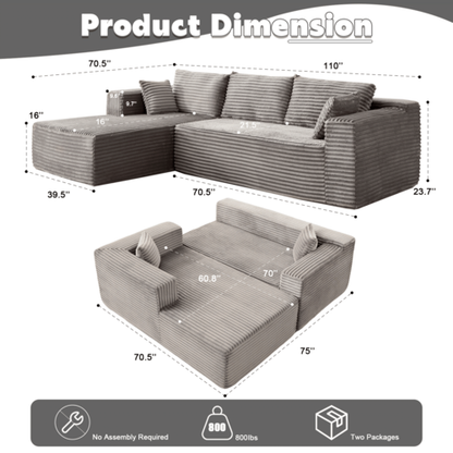 Compression Sectional Couch with Comfy Chaise, Boneless L Shape Sofa