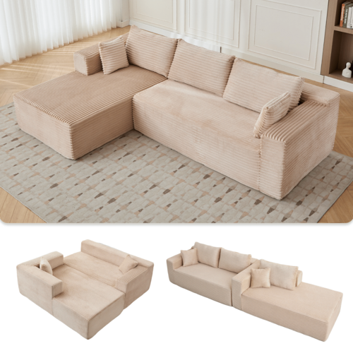 Compression Sectional Couch with Comfy Chaise, Boneless L Shape Sofa