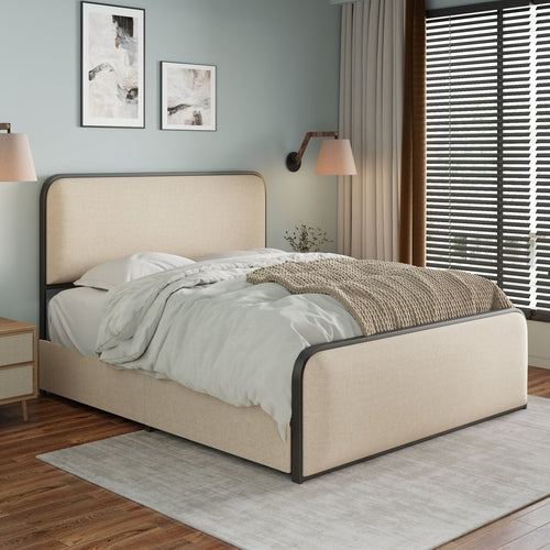Modern Metal Bed Frame with Upholstered Curved Headboard and