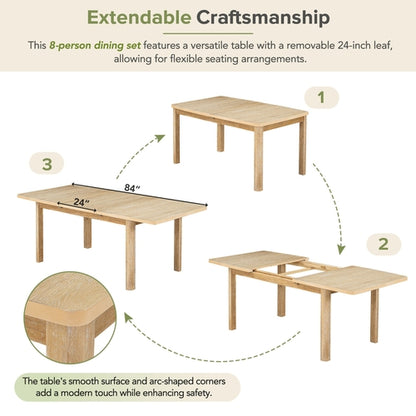 Rustic Extendable Dining Table Set with Removable Leaf, 6 Upholstered
