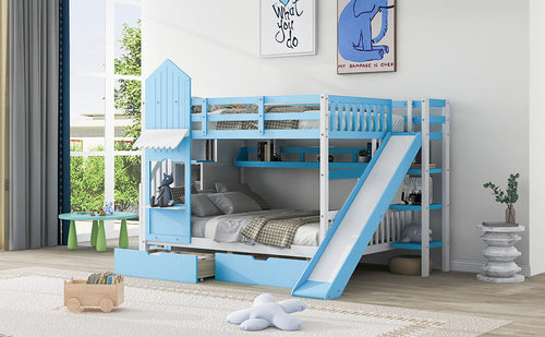 Full-Over-Full Castle Style Bunk Bed with 2 Drawers, 3 Shelves and