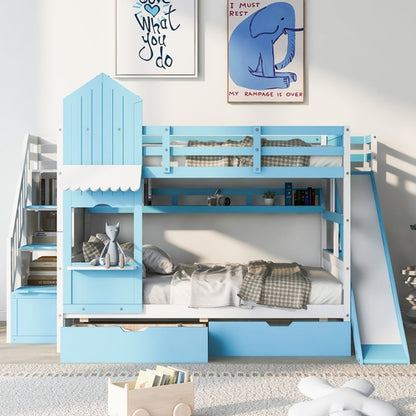 Full-Over-Full Castle Style Bunk Bed with 2 Drawers, 3 Shelves and