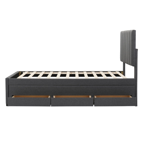 Upholstered Platform Bed with Trundle and 3 Drawers, Linen Fabric