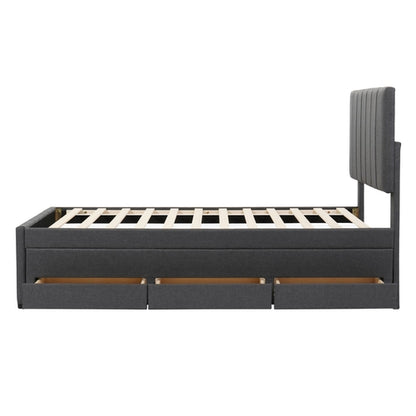 Upholstered Platform Bed with Trundle and 3 Drawers, Linen Fabric